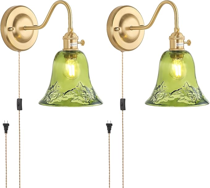 Plug in Wall Sconce Set of 2, Gold Vintage Wall Decor Lights with Green Morning Glory Glass Shade, Indoor Brass Corded Wall Lamp Fixture for Bedroom Living Room Bathroom Hallway