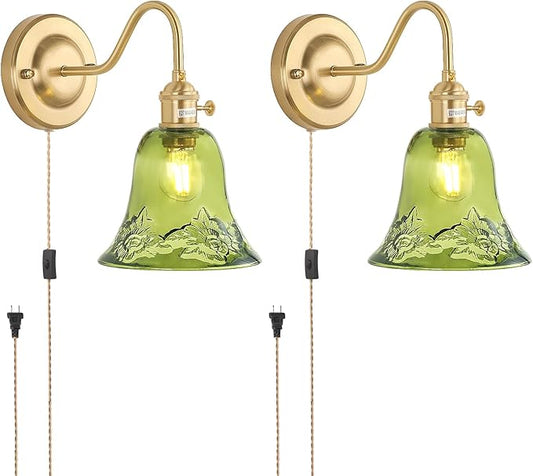 Plug in Wall Sconce Set of 2, Gold Vintage Wall Decor Lights with Green Morning Glory Glass Shade, Indoor Brass Corded Wall Lamp Fixture for Bedroom Living Room Bathroom Hallway