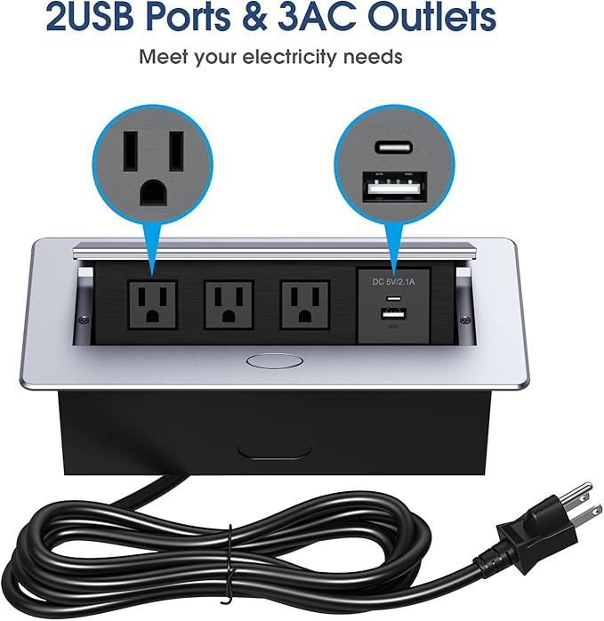 KYHSHJ Connection Box Desktop Pop Up Outlet with 3 * 15A Receptacle，2.1A 1 USB-A Ports &1 USB-C Port，Corrosive Resistant Hardware,Silver