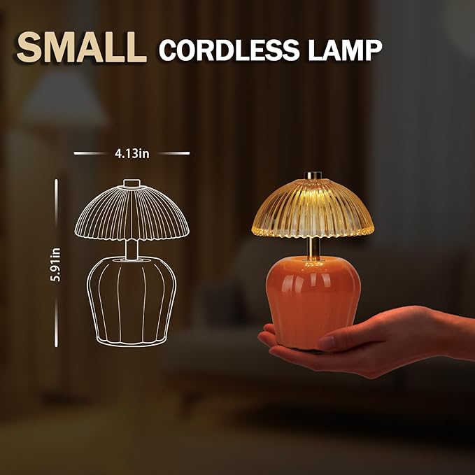 MJ PREMIER Small Cordless Lamp, Battery Operated Lamp with Timer, Mini Crystal Glass Mushroom Lampshade, Cute Small Table Lamps, Decorative Led Light for Bedroom Living Room Shelf (Orange)