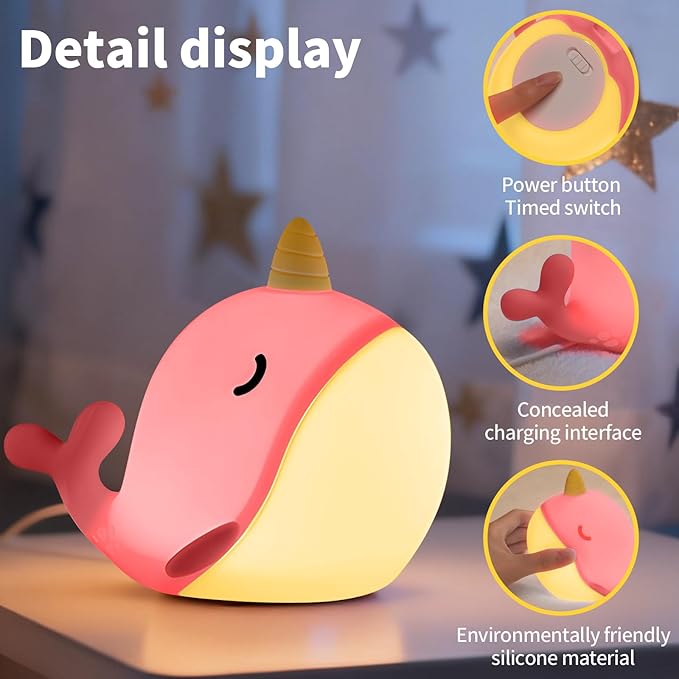 Cute Narwhal Night Light, Tap Control with 3 Warm White Brightness, USB Kids Bed Lamp with 30-Minute Timer, Soft Silicone Glow for Nursery, Birthday Gift (Pink Narwhal)