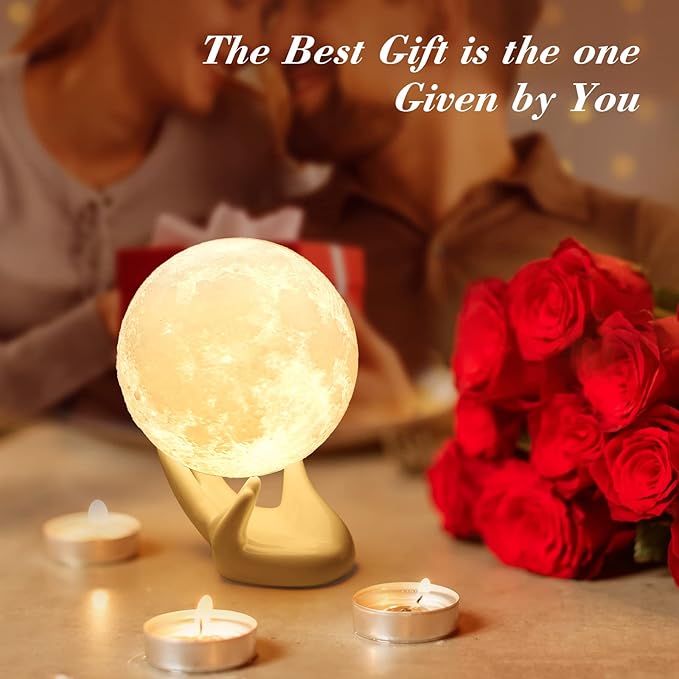 Mydethun 3.5 Inch 3D Moon Lamp – Valentine Gifts for Women Teenage Girls, Mood Lighting w/Ceramic Base, White Elephant Gifts in Dual-Color White/Yellow, Touch-Dimmable LED Night Light for Kids Room
