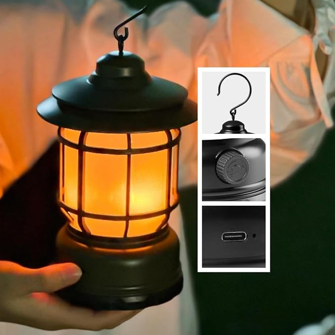 2PACK Rechargeable Camping Lantern, Flame Decorative Table Lamp, 2 Modes LED Light with Hook,Dimmable Vintage Style,Portable Waterproof Camping Light for Indoor/Outdoor Use