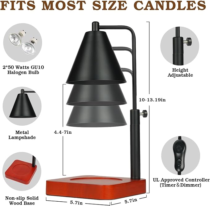 Modern Candle Warmer Lamp with Timer, Black Candle Lamp Warmer for Jar Candles, Birthday Gifts for Men, Dad, Women, Mom, Adjustable Metal Candle Lamp Dimmable, Vintage Home Decor, 2*35 Watt Bulb