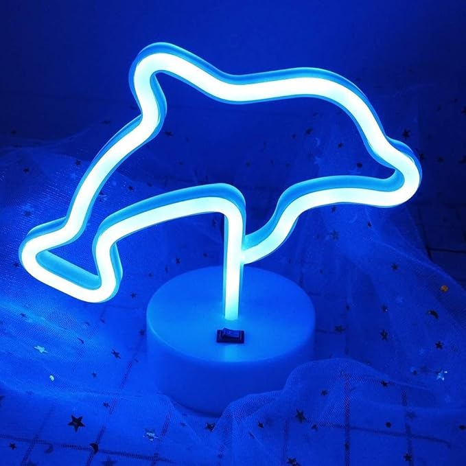 Blue Dolphins Shaped LED Neon Night Signs USB & Battery Powered Neon Light with Base LED Light Signs Light up Birthday Party Kids Room Christmas