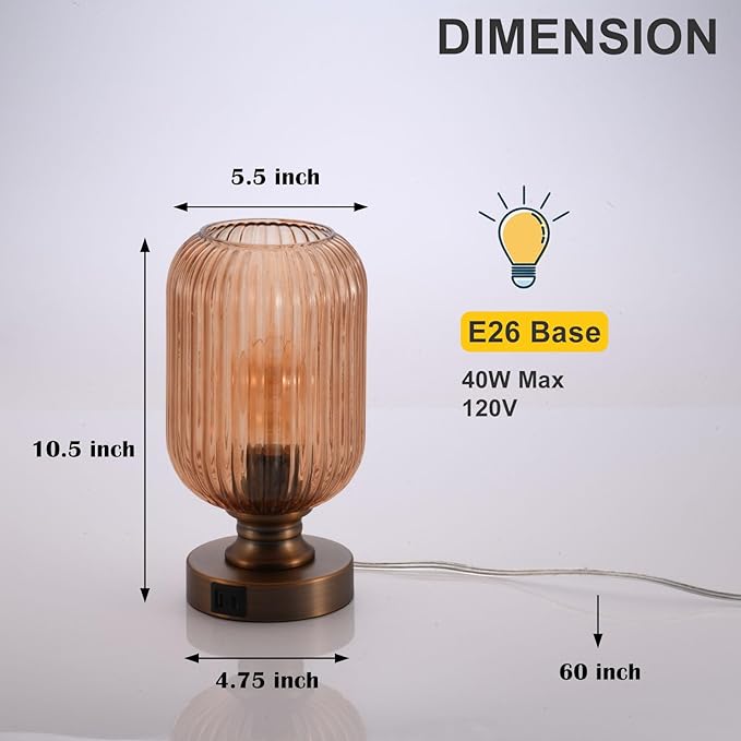 Mid Century Glass Table Lamp,Dimmable Desk Lamp,LED Bulb Included,Touch Control & USB A+C Port,Cognac Amber Ribbed Glass