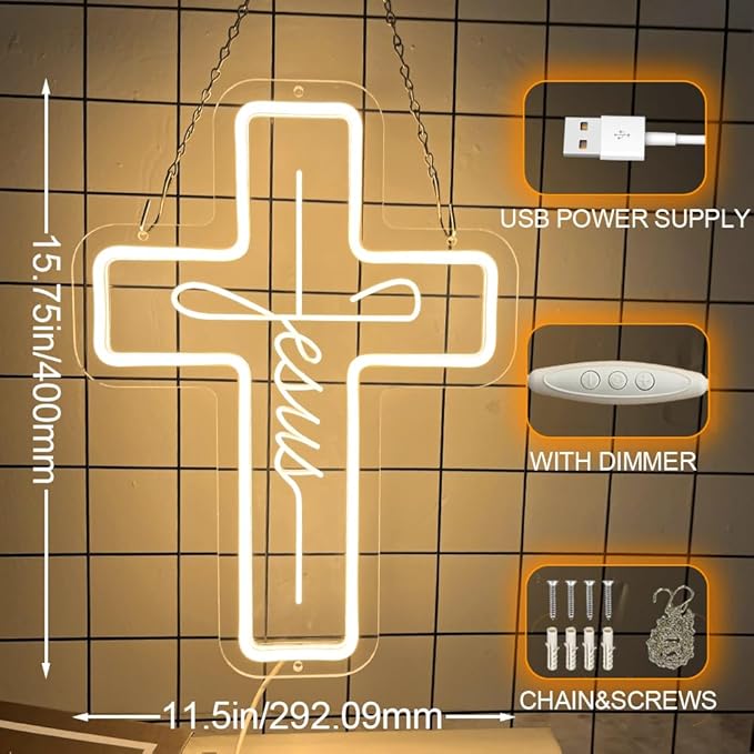 YYUAN Jesus Cross Neon Sign Dimmable Led Neon Light Cross Art Decor Neon Cross Sign for Wall Decor, Bedroom, Christian Decor, Religious Room, Kid Room, Easter, Christening Day Decor