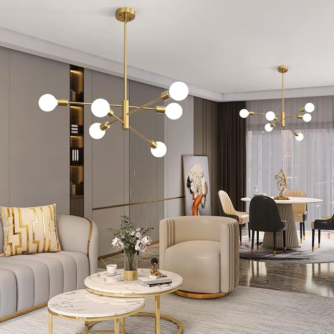 Sputnik Chandelier Modern Industrial E26 Gold Chandeliers Mid Century Ceiling Lighting Fixture for Living Room, Kitchen, Bedroom, Dining Room, and Farmhouse