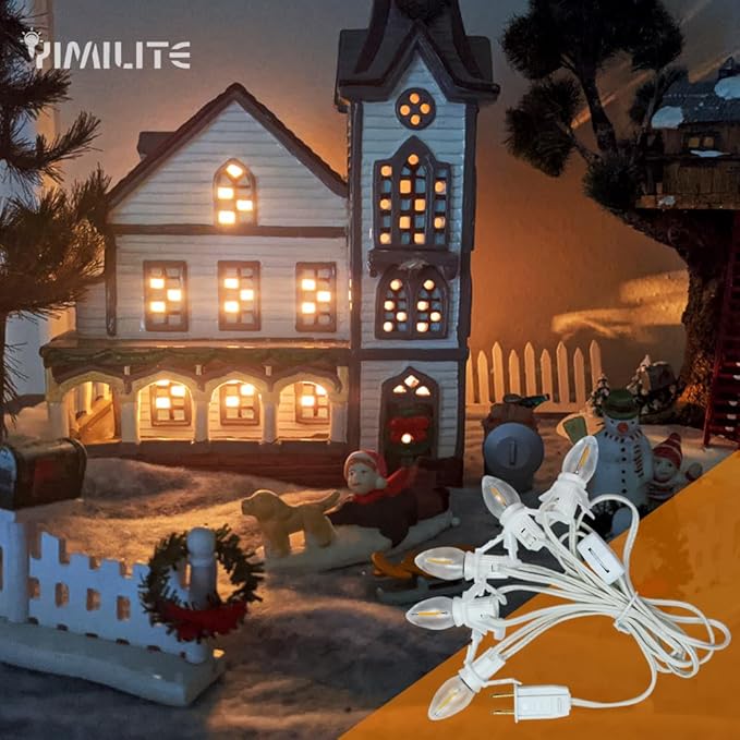 5 Base C7 String Bulbs Christmas Village Light Accessory Cord with 5 LED Light Bulb Universal Clip White Cord with On/Off Spare Fuse Switch Plugs for Decorations Christmas Village House
