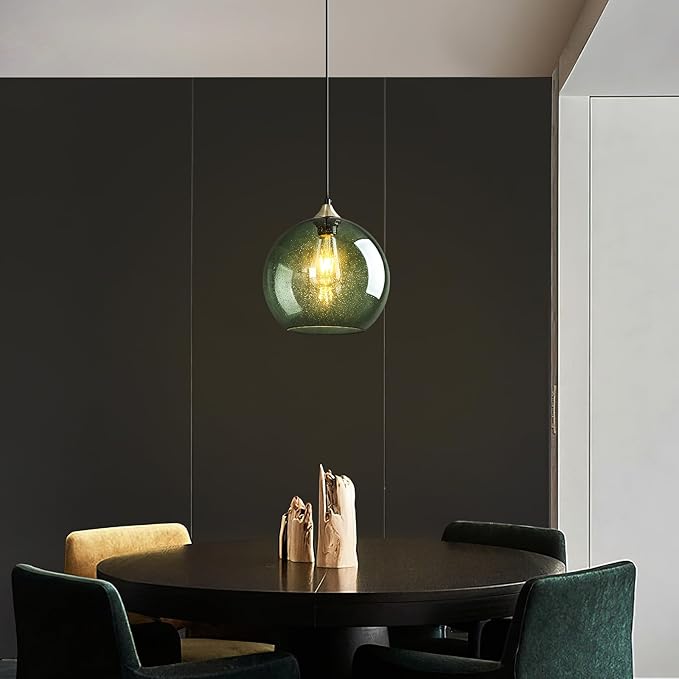 Gray Green Glass Pendant Lights Kitchen Island Lighting Globe Pendant Light Fixtures Modern Pendant Lighting for Kitchen Island Bedroom Living Dining Room Light Fixture(9.84in, 2-Pack)