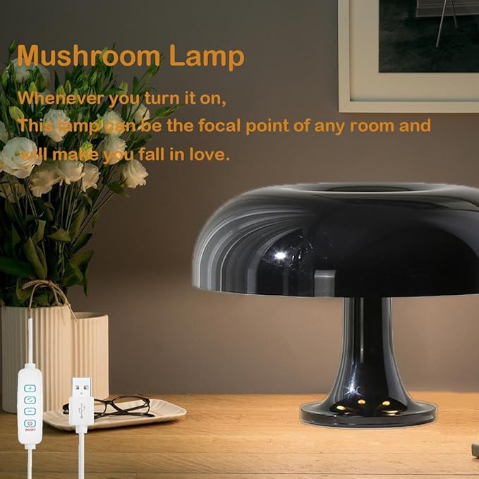 Mushroom Table Lamp, Dimmable with 3 Lighting Modes, Mid Century Retro Design, Black