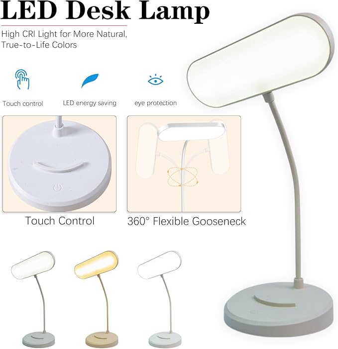 Desk Lamp, Eye-Caring LED for Students, Touch Dimmable, 3 Color Modes, USB-C Rechargeable, Flexible Gooseneck with Phone Holder, Study & Reading Lamp for Dorm/Office/Home