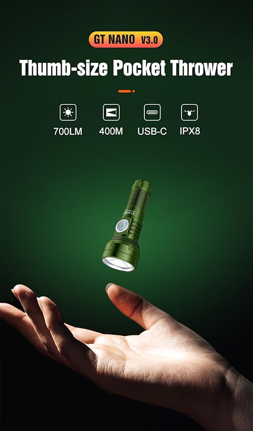 LUMINTOP GT Nano 3.0 Keychain Flashlight 700 Lumens Mini Flashlight 400 Meters Beam Distance Built-in USB-C Charging 10280 Li-ion Battery (Green)