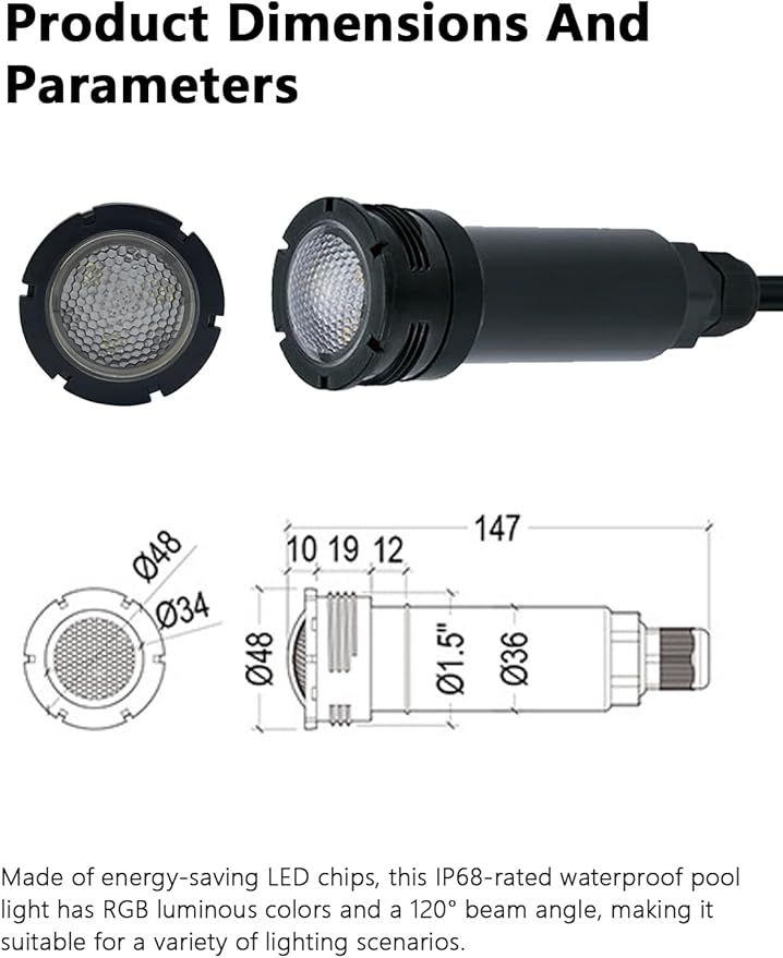 Replacement for Jandy HydroCool LED Pool Light RGBW 12W 12VAC 1.5 Inch Watercolors Nicheless, 100ft Cord 12Volt Pool Light for Inground Pools, Spa, Swim, Color Changing Energy Efficient