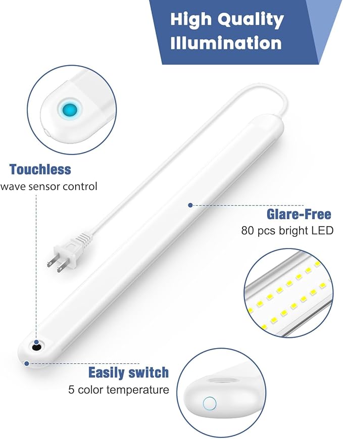 MYPLUS 24" Under Cabinet Lighting, 2pcs Hand Wave Sensor Under Counter Lights for Kitchen, 600LM Bright LED, 5 Color Temps, Dimmable Under Cabinet Lights Plug in for Desk,Sink,Workbench