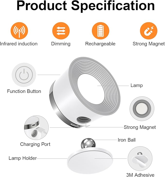 Moobibear Motion Sensor Wall Light Indoor, 3500mAh Rechargeable Battery Operated LED Wall Light, Wall Lamp Wireless with 360 ° Rotation, 3 Color Temperatures for Bedroom, Study, Corridor, Picture