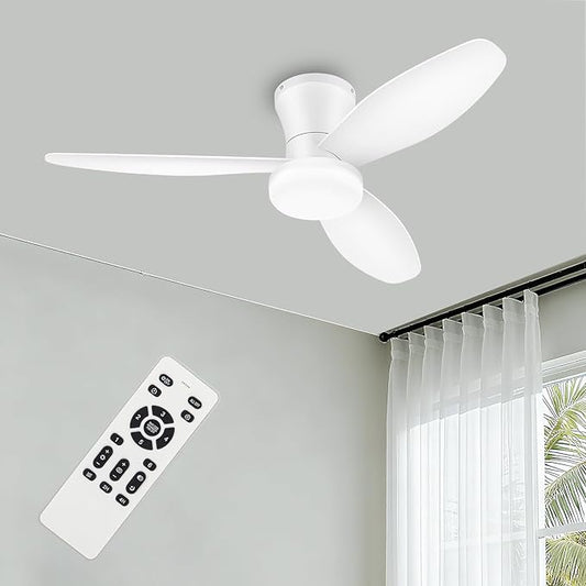 Small Ceiling Fan with Light - 42 Inch Flush Mount Ceiling Fan with Lights and Remote, Low Profile Ceiling Fans with 3 Reversible Blades, 6 Wind Speeds, White Ceiling Fans for Bedroom