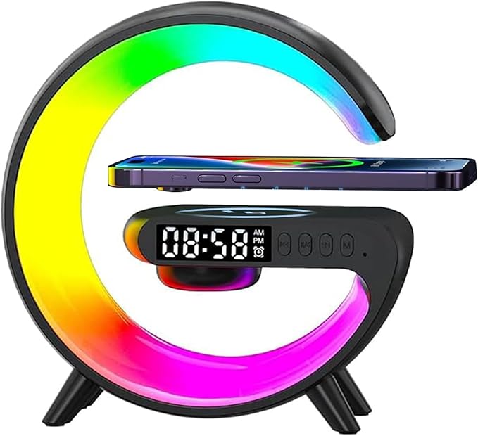 New Wireless Speaker Charger, Atmosphere Light with Wireless Charging Function, Table Lamp, Bedside Lamp with Alarm Clock & Charging Function, Bedroom Bedside Lamp, Gifts (Black)