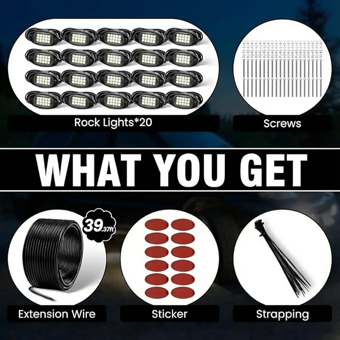 YONEDA 20 Pods White Rock Lights 6000K Ultra Bright LED Neon Underglow Lights IP68 Waterproof for Trucks SUV UTV ATV RZR Car Boats Pickup Motorcycle with 39.37ft Extension Wire