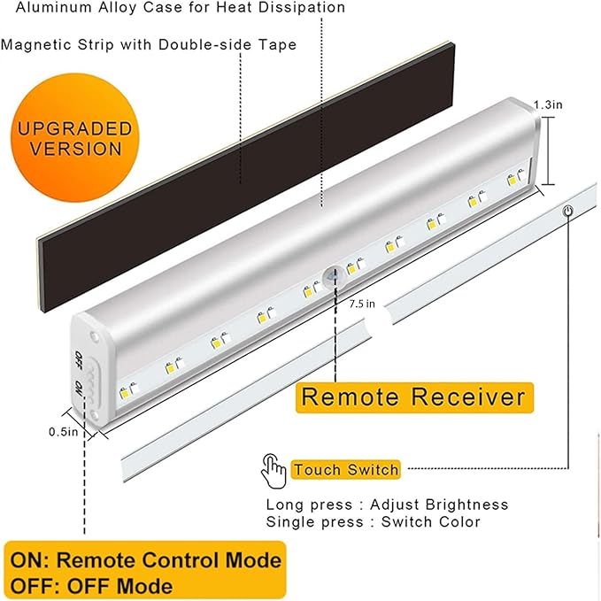 Diomart LED Closet Light 20-LED Rechargeable Remote Control Light Under Cabinet Lighting Wireless Stick-Anywhere Night Light Bar with Touch Control for Stairs, Wardrobe, Kitchen, Hallway (1 Pack)