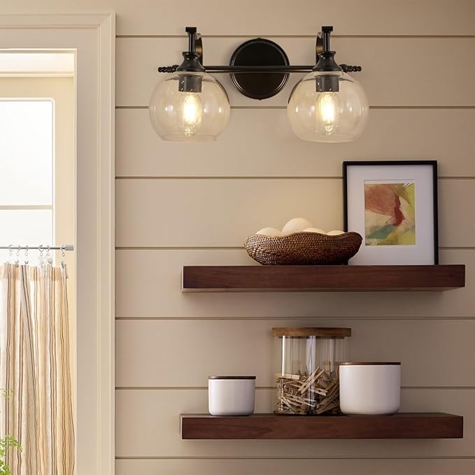 ANDY STAR 2 Light Bathroom Vanity Light, Matte Black Bathroom Light Fixtures, Modern Wall Sconce with Clear Globe Glass Shade, Farmhouse Wall Lamp for Bathroom, Living Room, Hallway, Cabinet, Porch