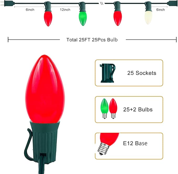 25FT C7 Christmas Lights Outdoor, Red Green White 3-Color LED String Lights for Roof, Fence, Tree, Wedding, Party, Patio, Bright Holiday Decor