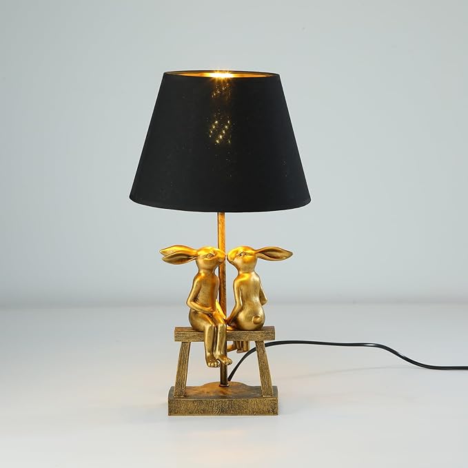 Kissing Bunny Lamp, H16in Gold Resin Rabbit Table Lamp, Valentine's Day Heartfelt Token, Energy Saving Night Light for Bedroom & Nightstand(Small Black Shade)