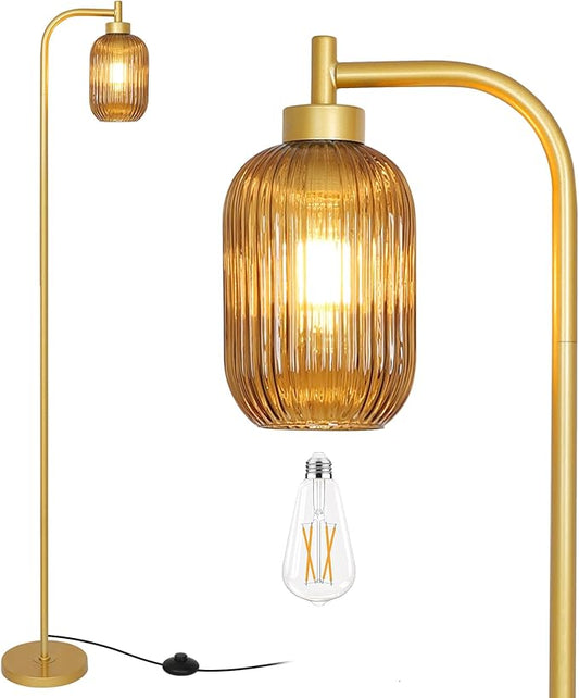 Glass Floor Lamps for Living Room, Vintage Gold Standing Lamp with LED Bulb, Amber Stripe Glass Shade, Foot Switch, Mid Century Modern Brass Tall Corner Lamp for Bedroom Office Reading Room