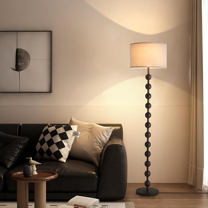 Modern Dimmable Floor Lamp with Remote Control for Living Room Bedroom, Dark Brown Wood Pattern Tall Standing Lamp Light for Home Office Dining Room with Fabric Shade