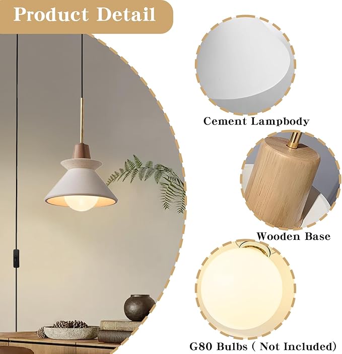 7.7" Plug in Concrete Pendant Light, Nordic Wabi Sabi Pendant Lamp with Wood Accent White Cement Pendant Light Minimalist Lamp for Living Room Bedside Kitchen Island Dining Room Apartment Dorm