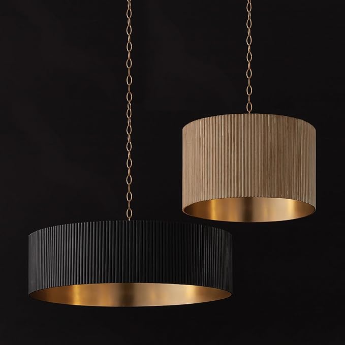 Capital Lighting 450741KR Donovan Mid-Century Modern Artisan Luxe Fluted Mango Wood Drum Chandelier, 4-Light 400 Total Watts, 11" H x 31" W, Black Stain and Matte Brass