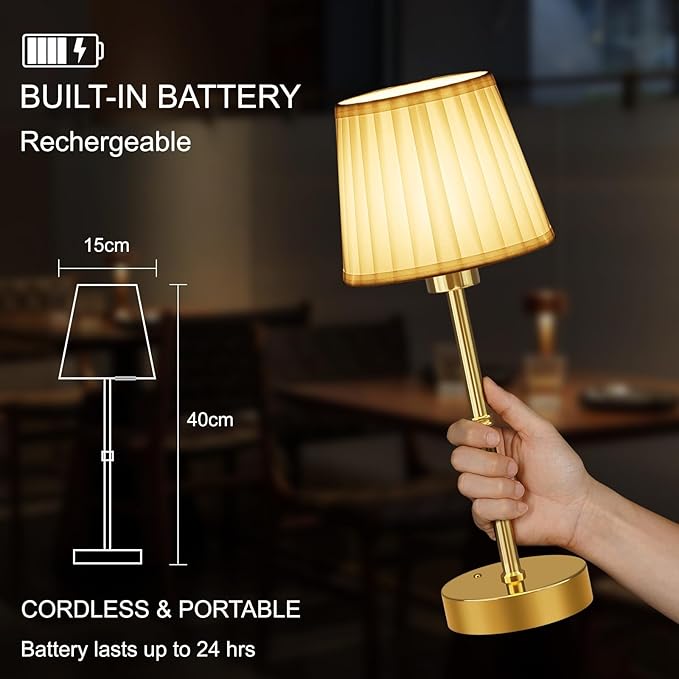 FRIDEKO HOME Rechargeable Table Lamp Gold - Cordless Battery Operated Lamp, Fabric Shade Desk Lamp, Wireless Lamp for Decor Bedroom Dining Table Counter (2pcs-Soft Fabric-Bulb Included-15.7in)