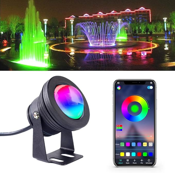 10W 12V 16 Million Colors LED Pond Light- 900LM IP68 Waterproof Outdoor Landscape Light with APP Control and 98.4-Inch Adapter for Landscape Fish Tank Pond Swimming Fountain Garden