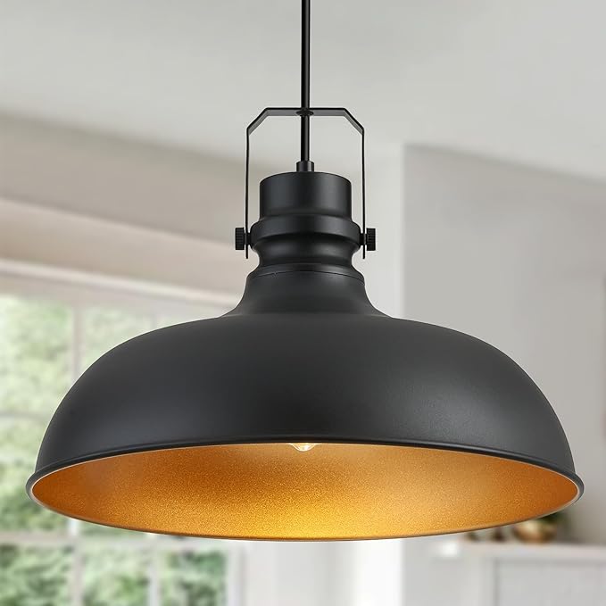 Black Farmhouse Pendant Lights 16 Inch Matte Pendant Lighting for Kitchen Island Industrial Adjustable Height Vintage Dome Hanging Light Fixtures for Barn, Dining Room 1 Pack