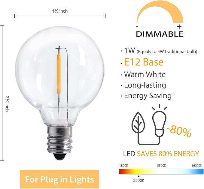 G40 Led Replacement Light Bulbs 1W Shatterproof Globe Bulb fits E12 or C7 Candelabra Screw Base Sockets, 1.5 Inch Dimmable Light Bulbs, Warm White (10Pack 2200k), Not for Solar String Lights