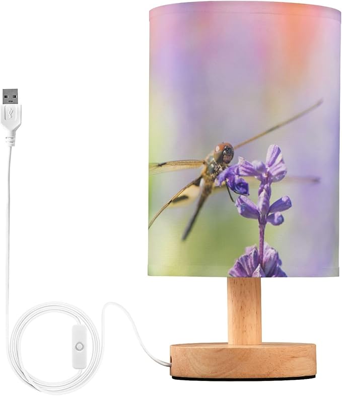 Table Lamp Dragonfly Lavender Purple Flower Nightstand Lamp with Wood Base Fabric Lamp Shade Bedside Desk Lamp for Living Room Bedroom Kids Room Office