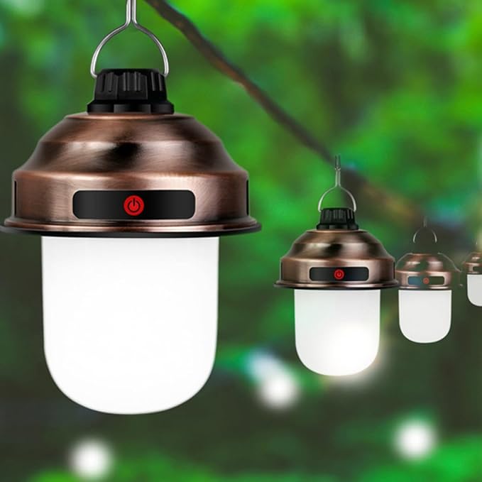 LED Rechargeable Camping Lantern, Retro Copper Outdoor Tent Light with Handle, Portable Super Bright Electric Lantern for Hiking and BBQ