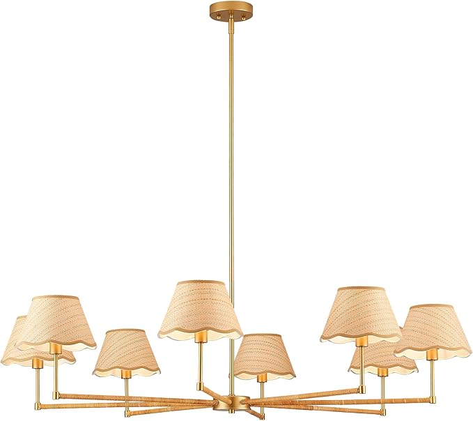 50” Large Boho Rattan Chandelier 8-Lights Rustic Adjustable Coastal Pendant Light for Kitchen Island Dining Living Room, UL Listed
