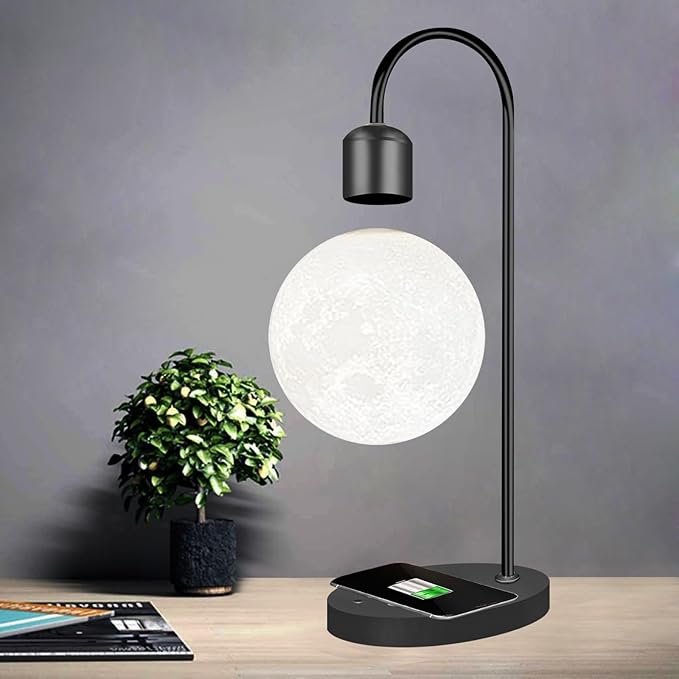 Magnetic Levitation Planetary Light with Wireless Phone Charger, Floating Moon Lamp, 360° Rotating Night Light for Girlfriend, Mom, Birthday, Anniversary(Silver,B)