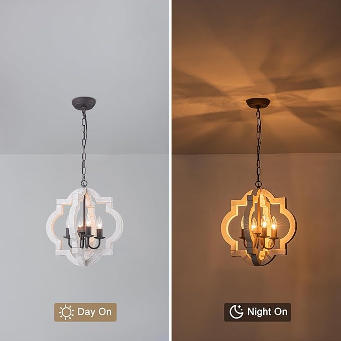 16" Oak Farmhouse Chandeliers for Dining Room Light Fixture Orb Distressed White Wood Pendant Light Kitchen Chandeliers Over Table Ceiling Hanging Light for Island Living Room Bedroom Entryway Foyer