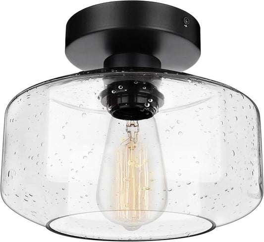 SunRider Industrial Semi-Flush Mount Ceiling Light Fixture, Modern Seeded Glass Pendant Lamp, Black Farmhouse Hanging Lighting for Bedroom Hallway