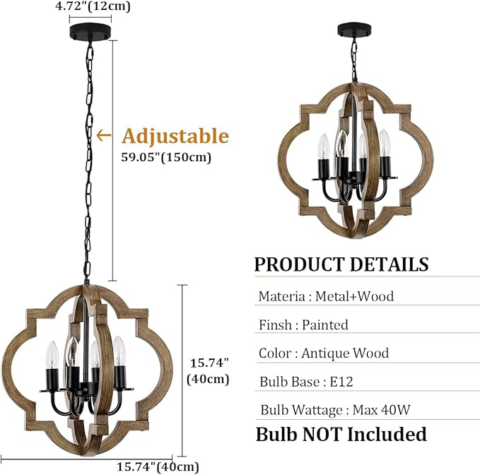 Farmhouse Orb Chandelier, 4-Light Rustic Wood Chandelier for Dining Room, 15.74'' Pendant Light for Kitchen Island Hallway Foyer Entryway Bedroom