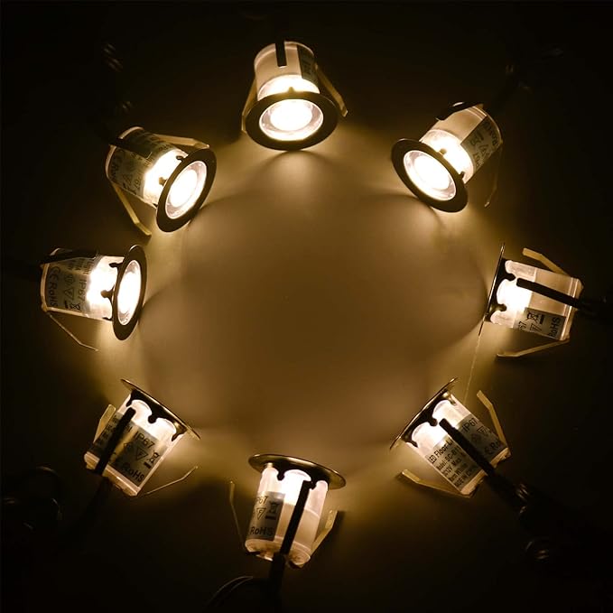 LED Outdoor Deck Lights Kits, Warm White Φ1.18in Low Voltage 12V DC IP67 Waterproof, Electric Wired Recessed Round Landscape Lighting for Exterior Yard Stair Step Floor Riser, 10 Pack Silver