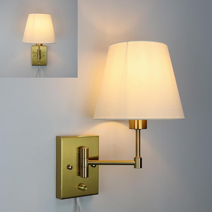 SAMTEEN Gold Plug-in Wall Sconces Set of Two Beige Shade Brass Swing Arm Wall Lamp with Plug-in Cord Wall Mount Light for Bedroom Living Room