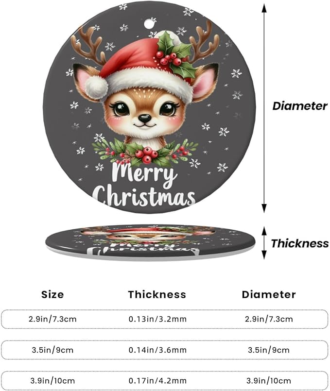 Christmas Happy Deer Christmas Ornaments, Christmas Decorations Xmas Tree Hanging Ornaments, Round Ceramic Festive Keepsake Gift for Xmas Decorations Holiday Home Decor