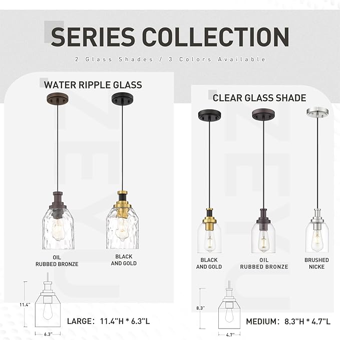 zeyu 2 Pack Farmhouse Pendant Light Fixtures, Industrial Hanging Light for Kitchen Island, Clear Glass Shade, Oil Rubbed Bronze Finish, ZG33M1L-2 ORB