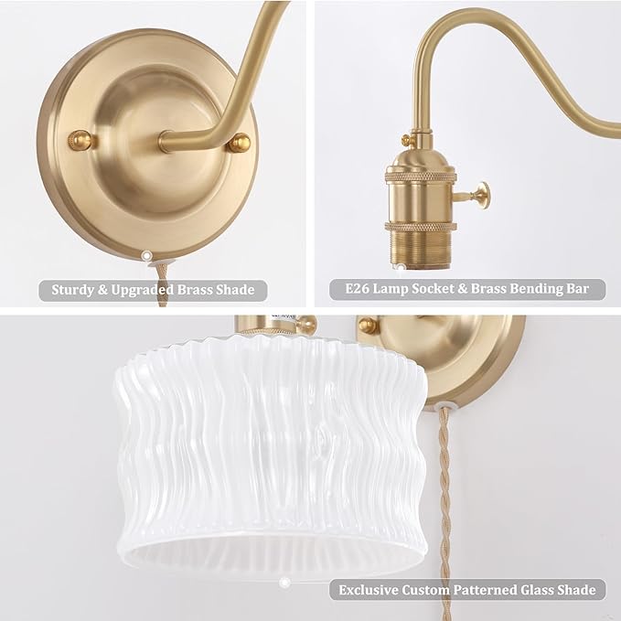 Plug in Wall Sconce Set of 2, Gold Vintage Wall Decor Lights with White Ripple Glass Shade, Indoor Brass Corded Wall Lamp Fixture for Bedroom Living Room Bathroom Hallway