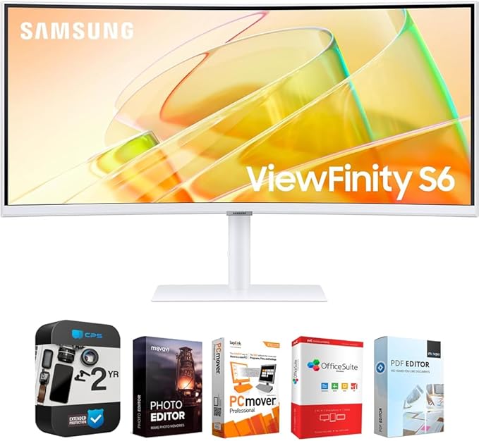 Samsung 34" ViewFinity S65TC Ultra-WQHD 100Hz AMD FreeSync HDR10 Curved Monitor Bundle with Tech Smart USA Elite Suite 18 Standard Editing Software Bundle + 2 Year CPS Enhanced Protection Pack