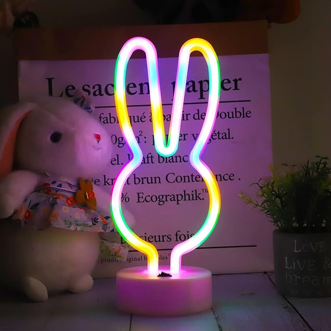 Easter Decorations Neon Bunny Lights, Creative Bunny Neon Signs with Base, Battery/USB Operated, Multi-colored Rabbit Lights for Home, Kids, Spring Decor