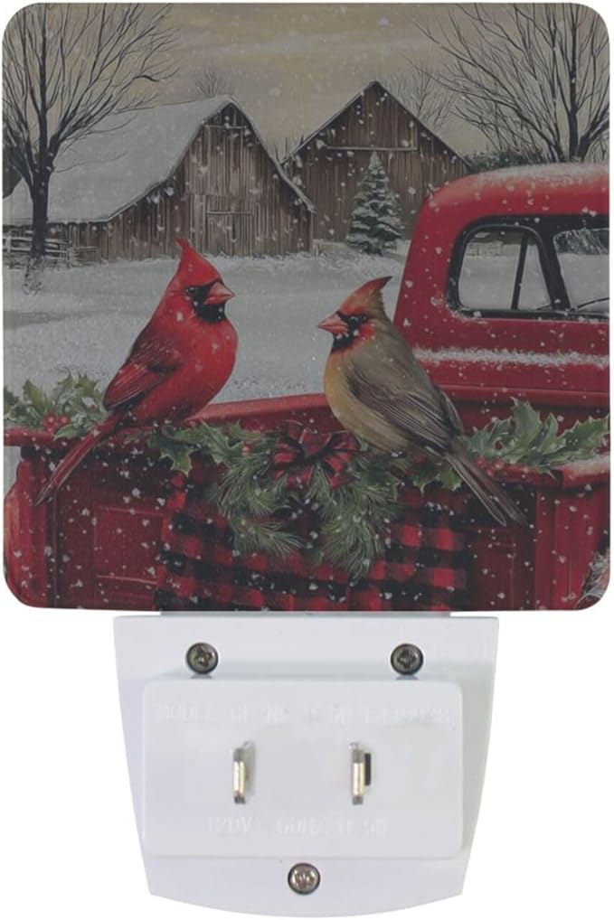 Christmas Red Truck Cardinal Night Light 2 Pack Dusk to Dawn Sensor Led Lamp for Women Men Night Lights Plug into Wall Decor for Bedroom Kitchen Bathroom Corridor, 0.5W